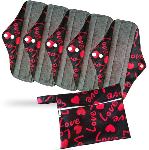 Period Mate Mama Cloths for Medium to heavy Flow with a Bonus Wet bag ( 6 pieces) Red Love